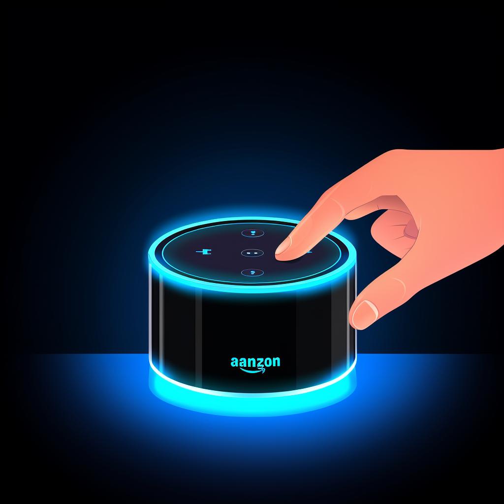 A paperclip pressing the reset button on an Echo Dot with a blue light ring